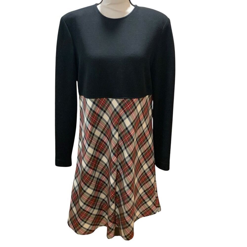 Chetta B VTG 80s Dolman Dress Wool Skirt Red‎ Tartan Plaid Black L/S Top Size 10